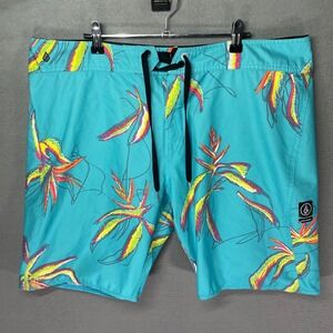 Volcom Board Shorts Mens‎ 38 Teal Floral Surf Swim Trunks Bird of Paradise